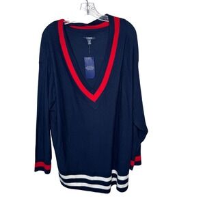 CHAPS Women Navy Blue V Neck Sweater 3X Striped Trim Long Sleeve‎ Casual